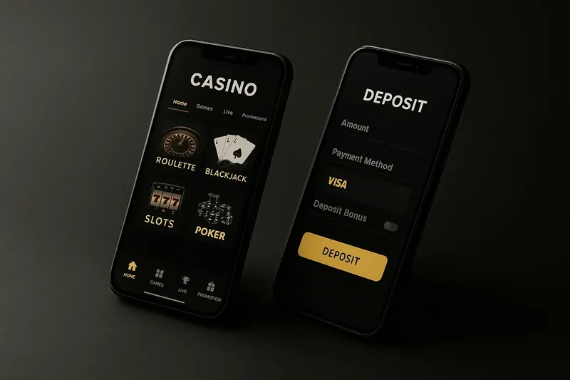 Casino App Smartphones Two smartphones showing dark casino app lobby and deposit screen