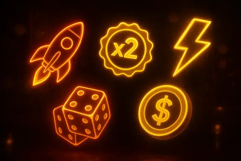 Glowing instant game icons floating in dark space with neon aura