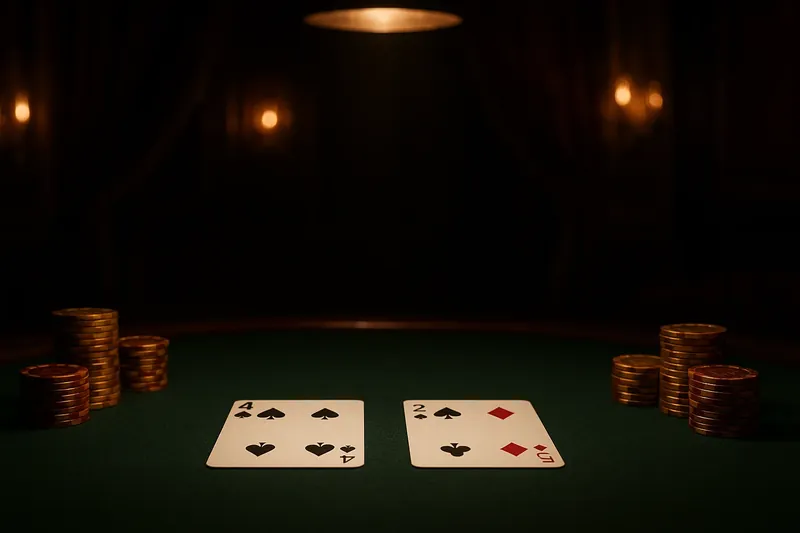 Face-up baccarat cards and chip stacks on green felt table
