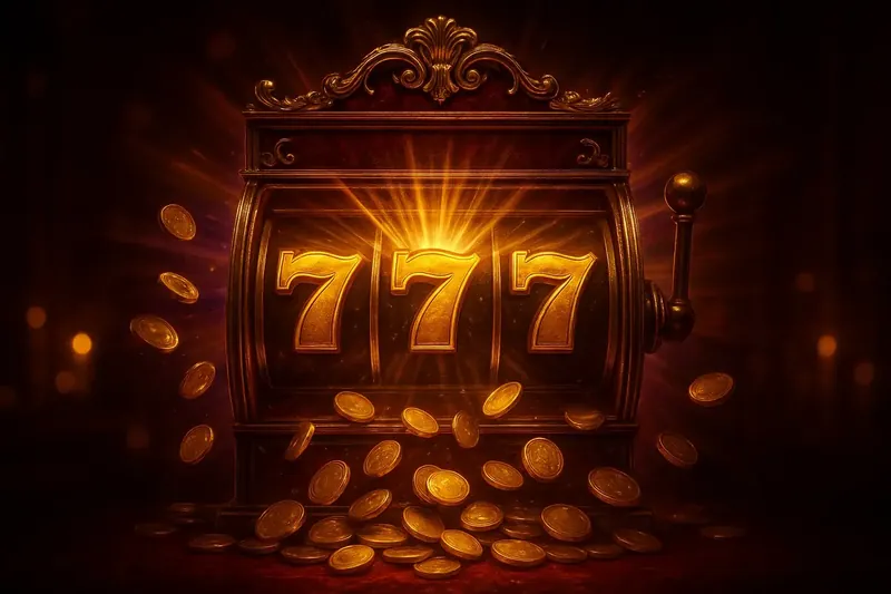 Golden 777 Jackpot Slot machine jackpot with golden 777, coins, and neon light beams
